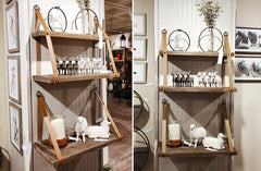 Floating Wall Shelf with Faux Leather Straps, Pick Your Size