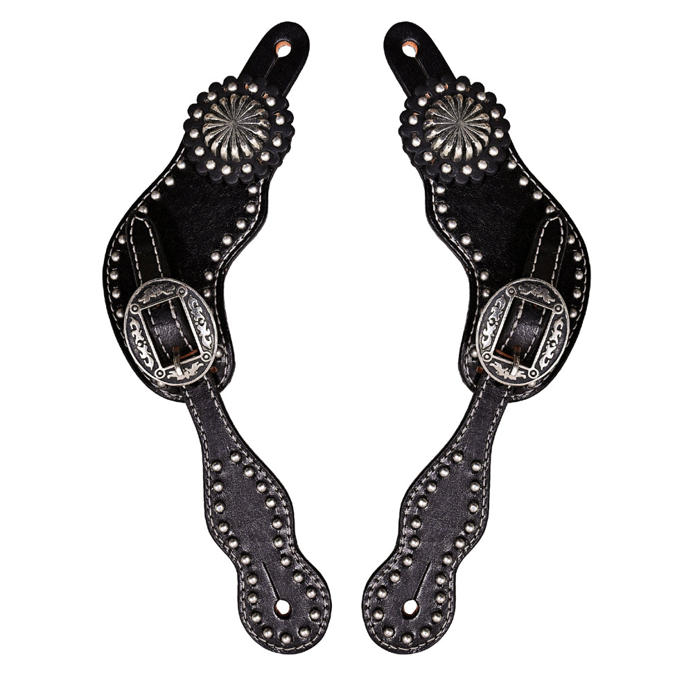 W. Leather Spur Straps Hilason Black With Concho by Hilason – Cowboy and equestrian accessories
