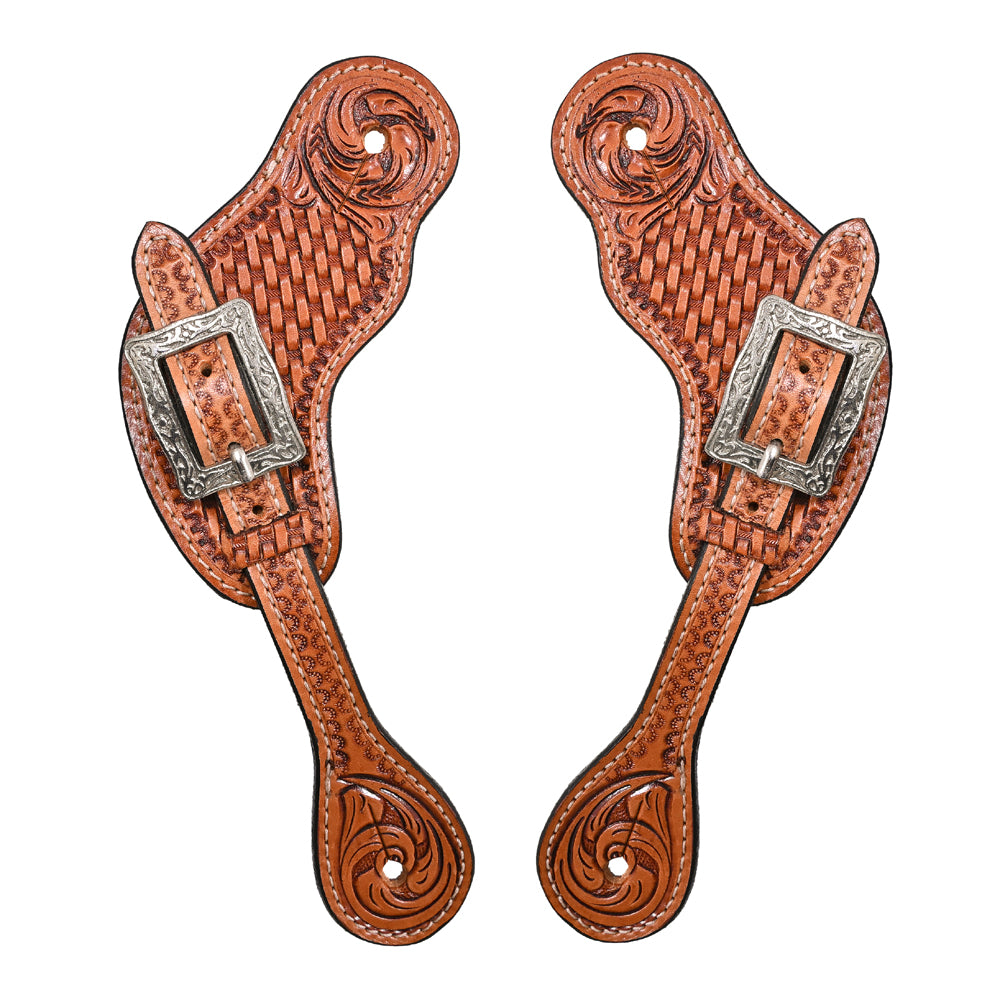W. Leather Spur Straps Hilason Tan Basket Weaving Floral by Hilason – Cowboy and equestrian accessories