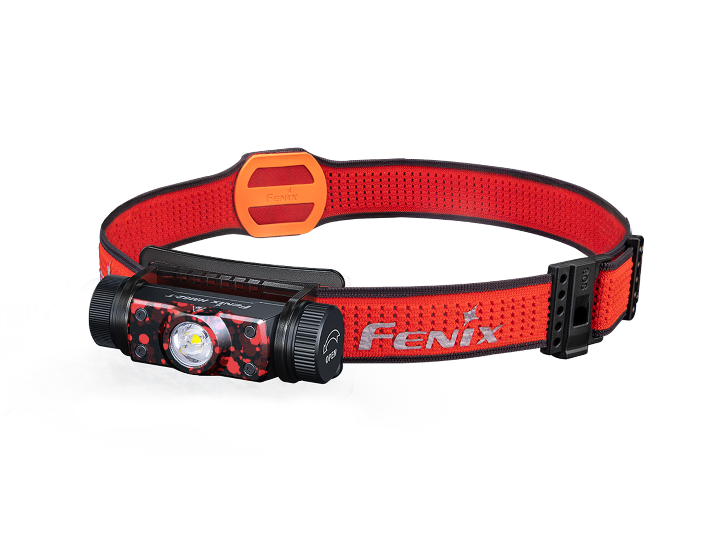 Fenix HM62-T lightweight trail running headlamp in "magma" color as viewed from a front right angle