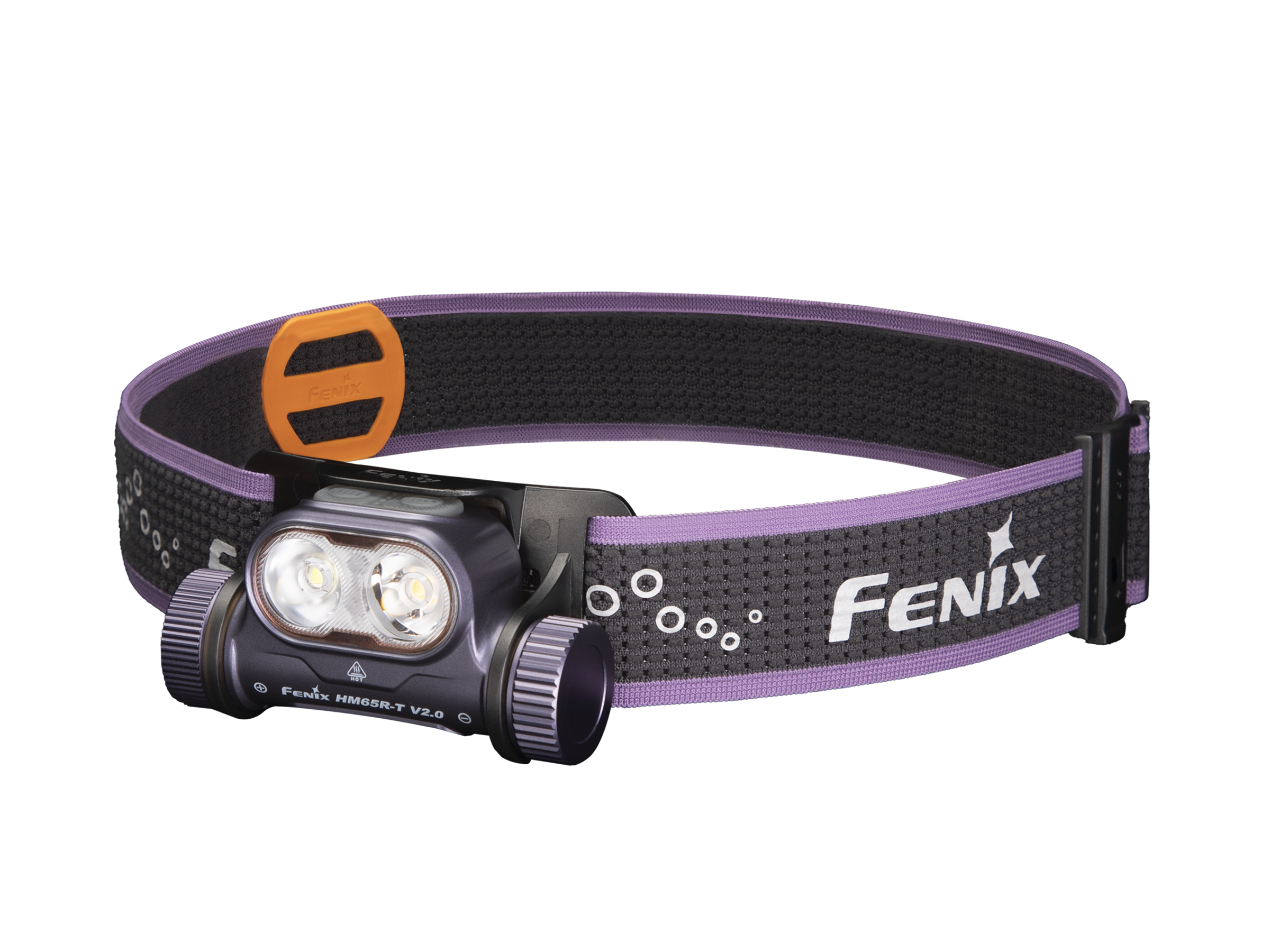 A lightweight Fenix HM65R-T V2 rechargeable trail running headlamp with a purple headband, black body, and LED lights, displayed against a white background.