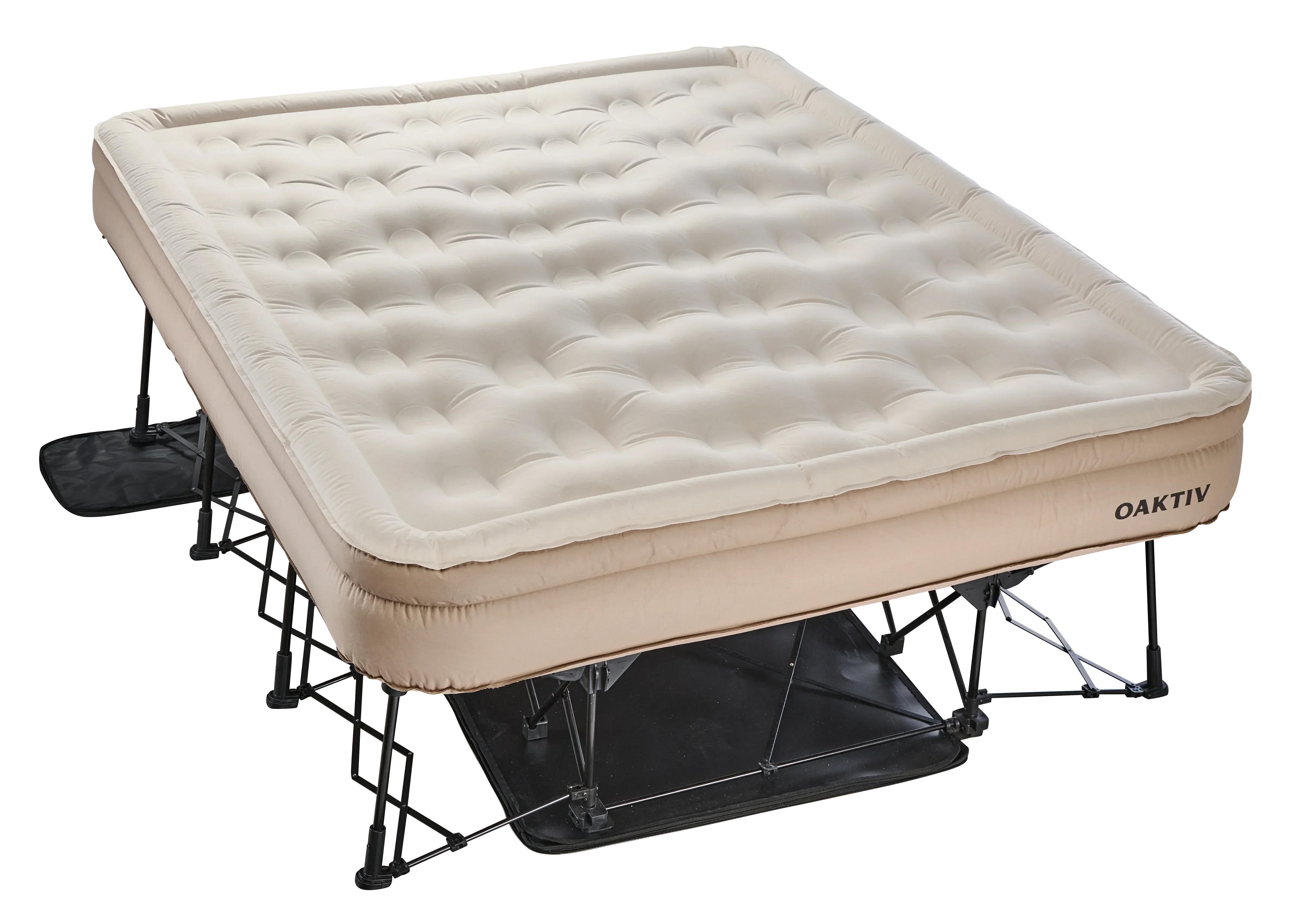 Beige inflatable mattress on a black metal frame with 'OAKTIV' branding.