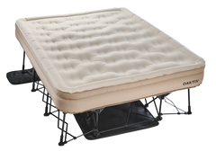 Beige inflatable mattress on a black metal frame with 'OAKTIV' branding.