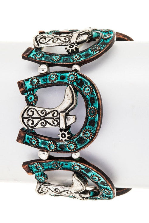 Cowboy Boots Horseshoe Stretch Bracelet Turquoise Accents by Jade Icarus